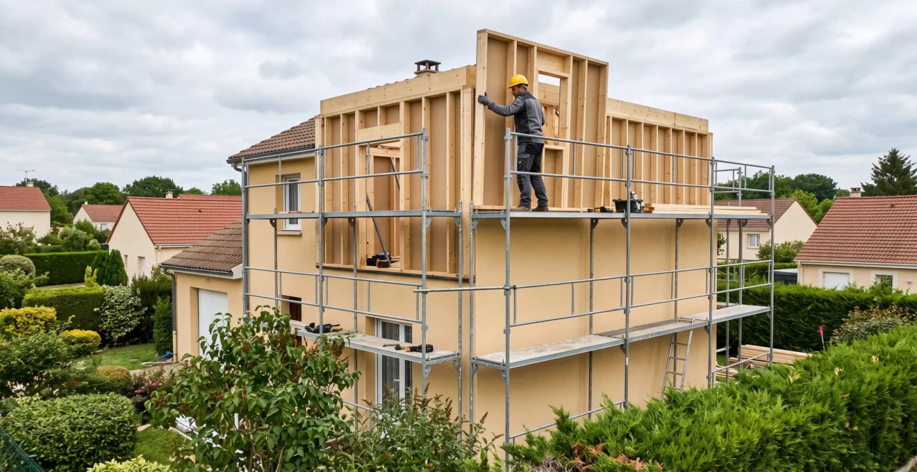 Un charpentier installe un panneau de mur en ossature bois lors de la surélévation d'une maison individuelle en France.