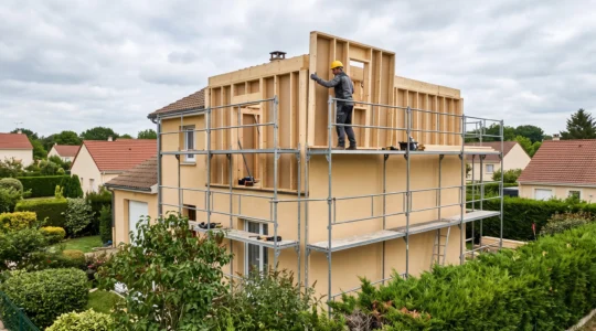 Un charpentier installe un panneau de mur en ossature bois lors de la surélévation d'une maison individuelle en France.