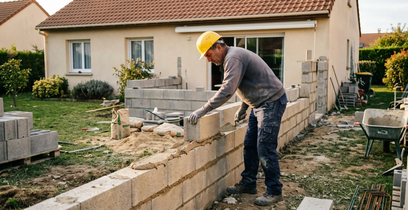 Un maçon construit le mur en parpaings d'une extension au sol adossée à une maison, dans un jardin en France.
