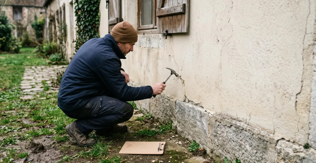 Un technicien sonde la base d'un mur de maison à l'aide d'un marteau pour vérifier la structure avant des travaux.